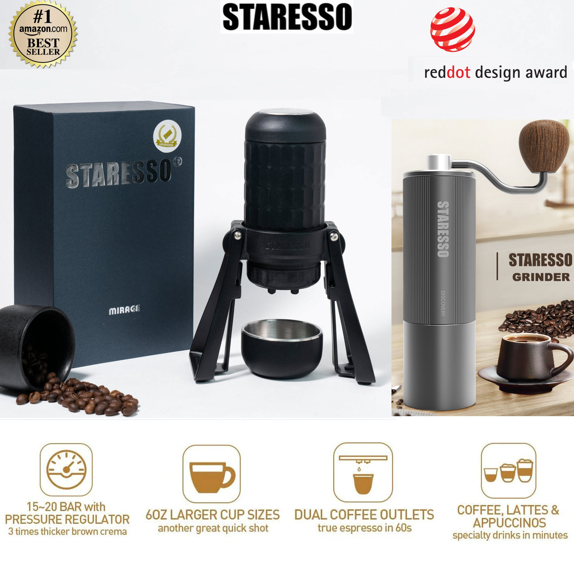 Combo Deal Sốc - Máy Pha Cafe Cầm Tay Staresso Pro, Staresso Basic Phiên Bản Mới 2021 pha double shots, không dùng pin và điện Kèm Cối Xay Staresso Chuyên Dùng Cho Các Dòng Máy Staresso Basic, Pro và Các Máy Pha Cà Phê Delonghi EC685, ECP35.31