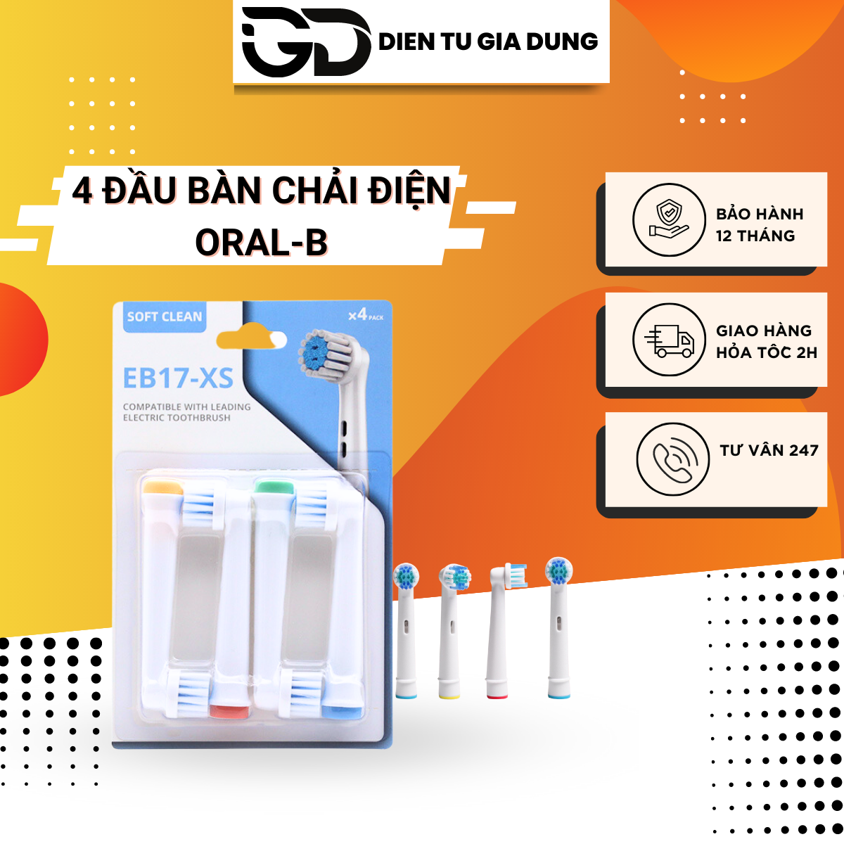 Set 4 đầu bàn chải đánh răng điện cho máy Oral B Braun, lông mềm chăm sóc răng miệng