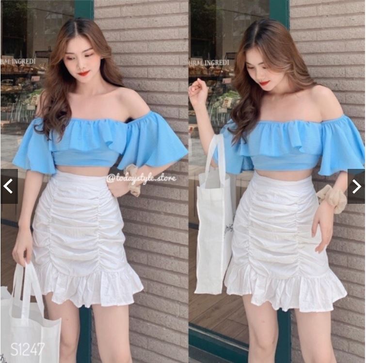 Áo nữ trễ vai vải nhún 2 tầng