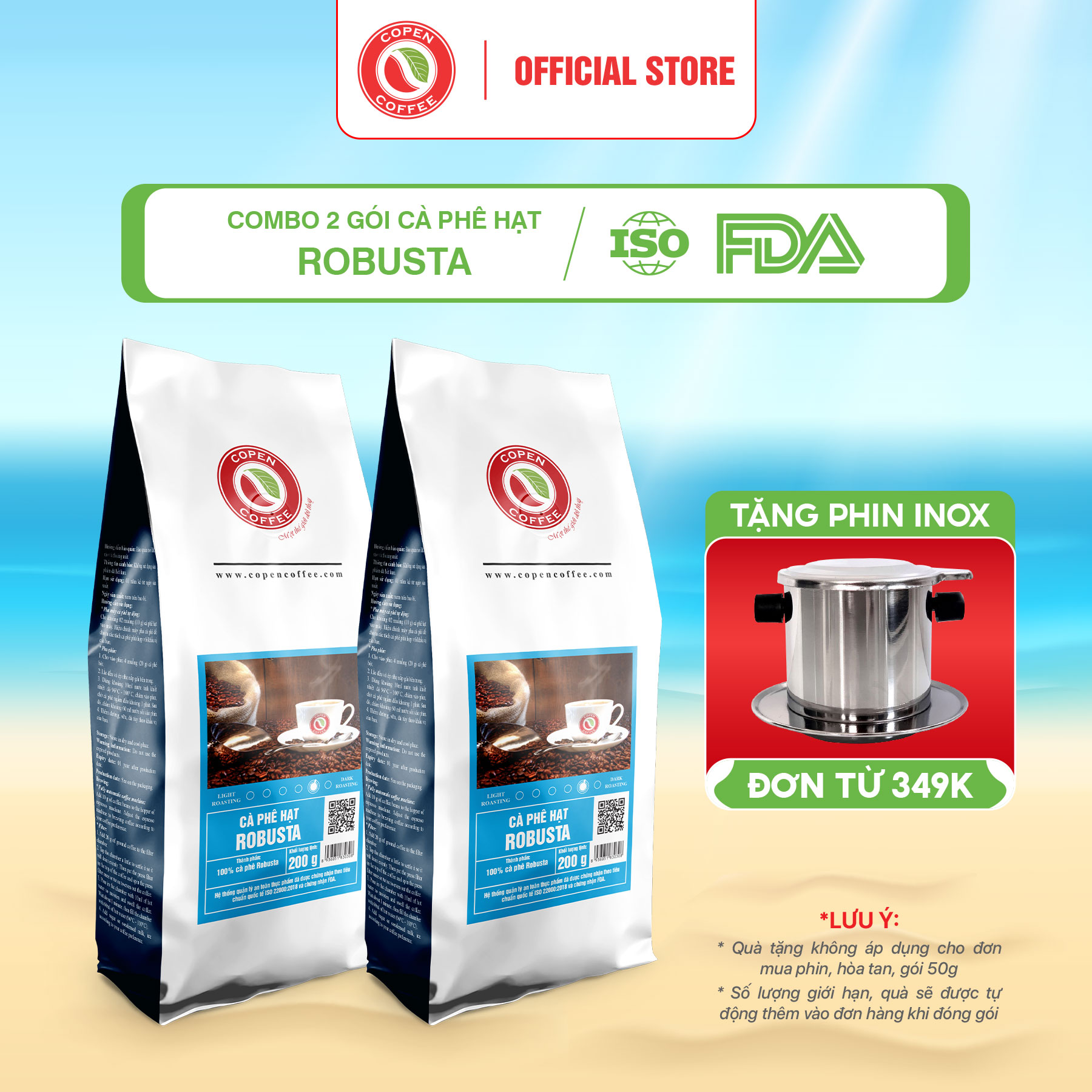Combo 2 gói cà phê robusta 100% nguyên chất rang mộc copen coffee, gu truyền thống đậm đà, thơm nồng - 200g