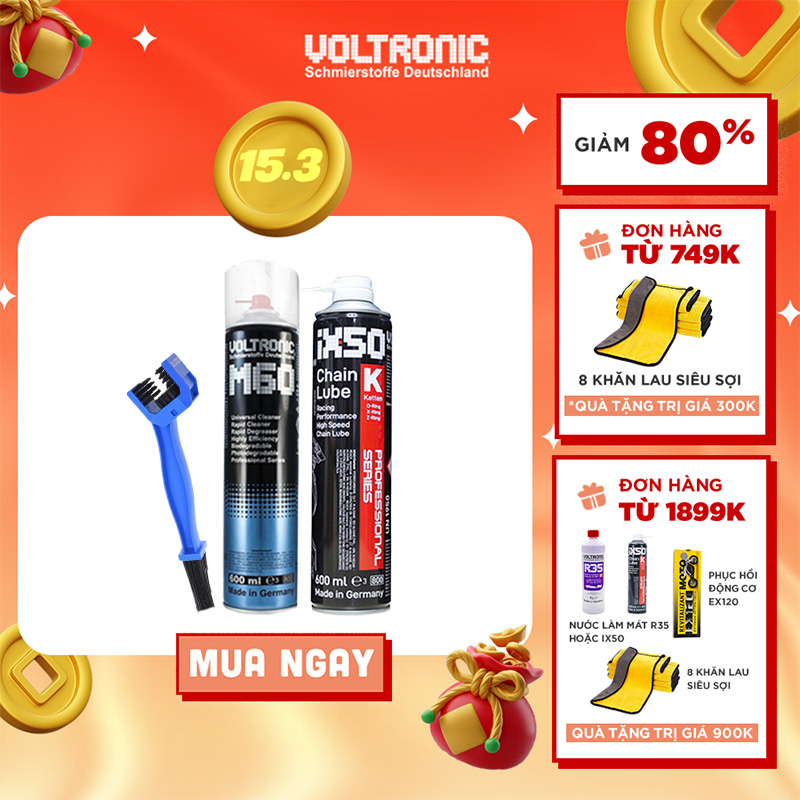 Combo vệ sinh bảo dưỡng sên nhập khẩu đức voltronic m60+ ix50 600ml jumbo + bàn chải