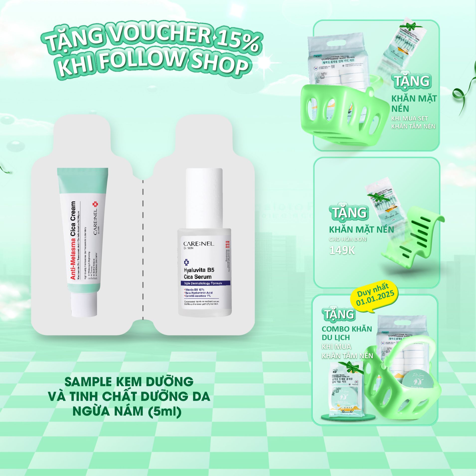 Minisize tinh chất dưỡng serum Carenel Hyaluvita B5 Cica Serum và kem dưỡng ngừa nám Anti-Melasma Ci