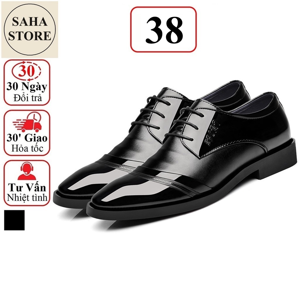  Giày tây công sở SAHA111 da đen bóng giầy da nam âu cao cấp trẻ trung buộc dây mũi tròn 