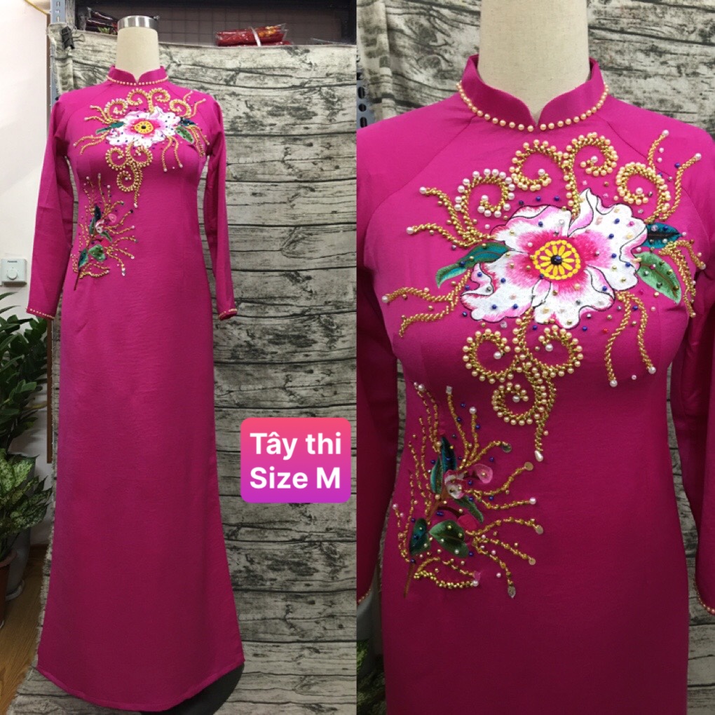 Áo dài may sẵn, bông thêu phối đính kết cực đẹp