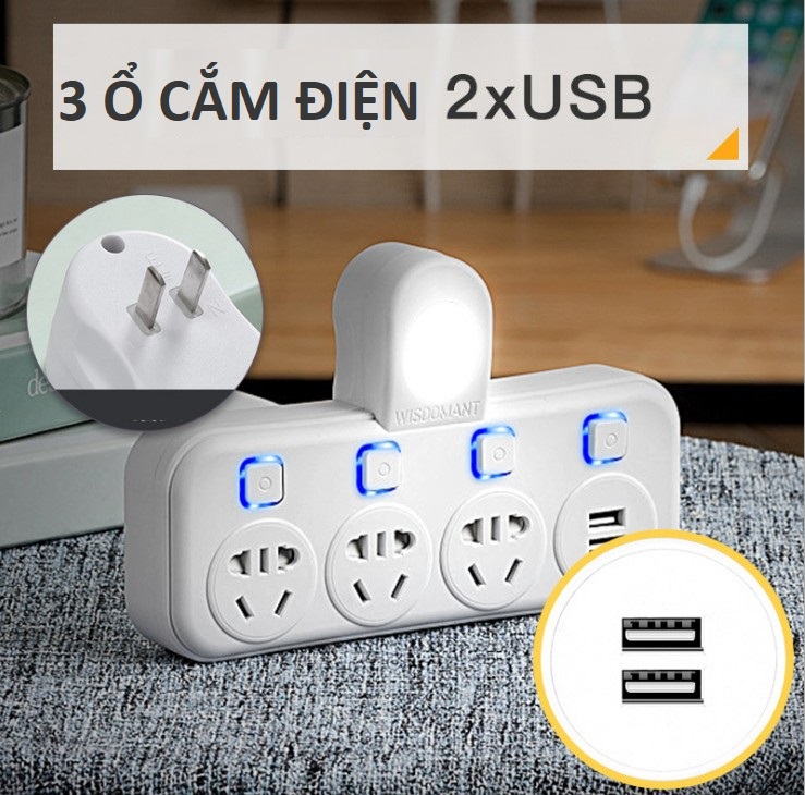 [HCM]Ổ cắm điện thông minh 3 ổ cắm và 2 ổ cắm sạc USB kiêm đèn ngủ LED chống sét cao cấp (chân cắm 2 chấu)