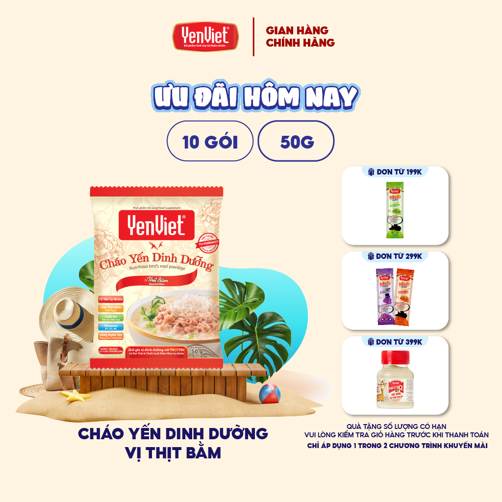 Yến Việt - Cháo yến dinh dưỡng vị thịt bằm sấy thăng hoa, vitamin B, không bột ngọt, chất bảo quản thùng 30 gói x 50g