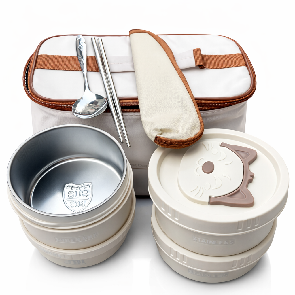Hộp Cơm Giữ Nhiệt Văn Phòng Lunch Box 4 Tầng Kèm Túi Cao Cấp kèm túi + thìa đũa