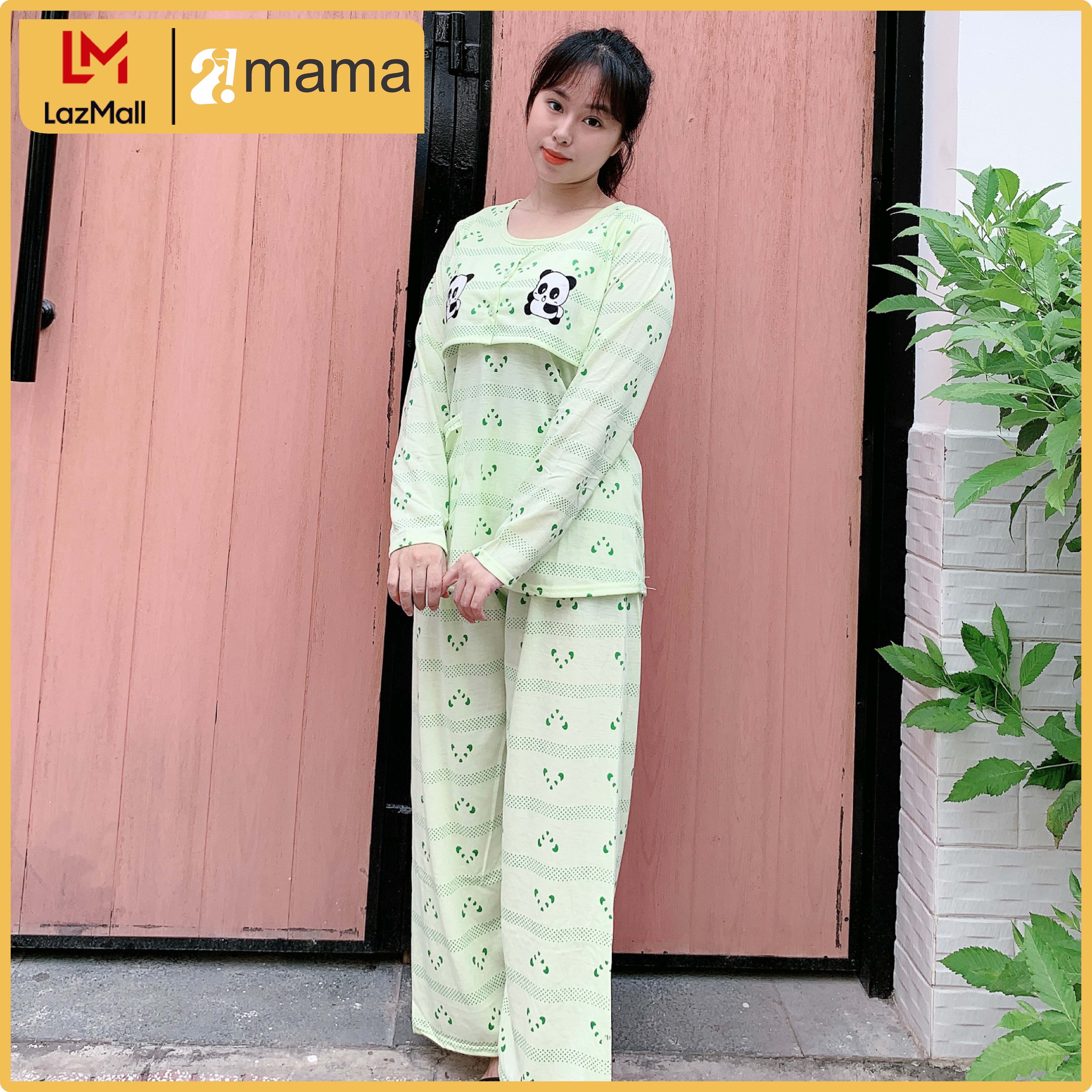 Đồ bộ bầu và sau sinh dài tay hình GẤU vén ngực mặc nhà và cho con bú pijama chất mát V663