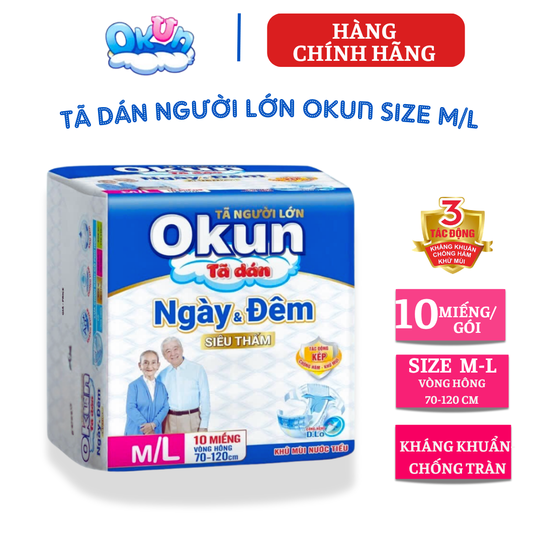 {Hàng chính hãng} Tã dán  người lớn OKUN ngày và đêm size M/L 10 miếng bỉm dán người già siêu thấm kháng khuẩn chống hăm khử mùi