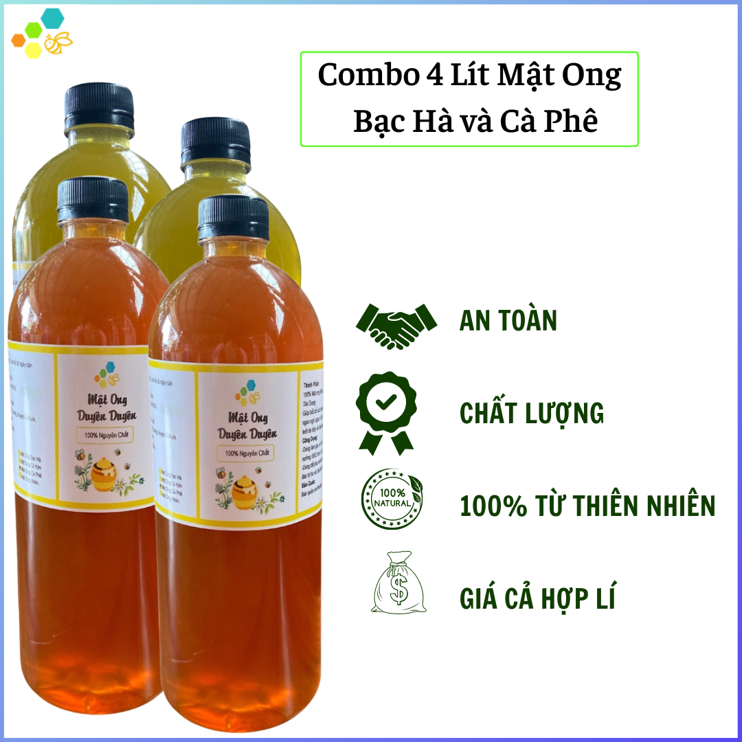 Combo 4 lít mật ong bạc hà và mật ong cà phê đaklak - 1000ml/1kg4x4chai