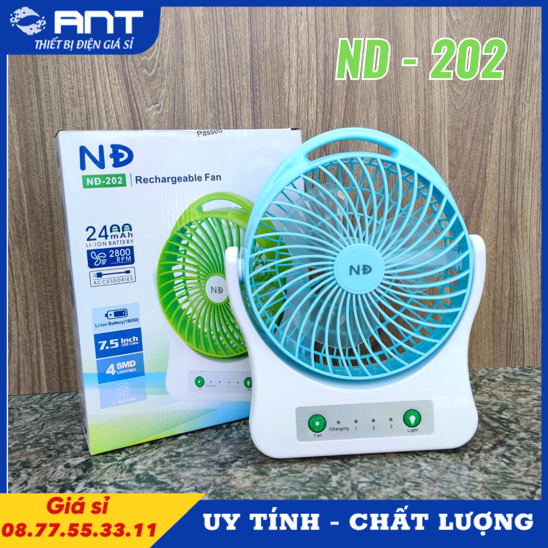 Quạt sạc tích điện kèm đèn led, quạt sạc pin trâu 6-8h, ND-202