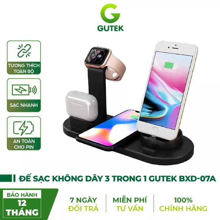 Đế sạc không dây, Dock sạc 3 trong 1 sạc nhanh chuẩn an toàn, sạc không dây điện thoại samsung, iphone, sạc đồng hồ thông minh aple watch, tai nghe Airpods, bộ 3 chân sạc micro usb, type C, lightning
