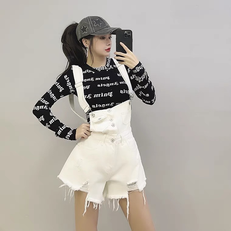 Yếm jean nữ, Quần yếm jean short đùi nữ hàng nút trước rách tua đùi mẫu mới Pinky short96
