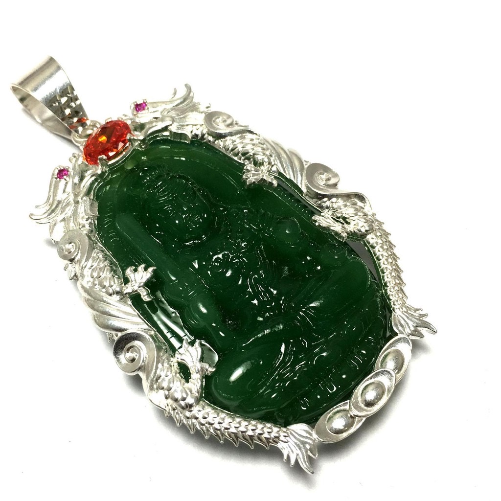 Mặt dây nam bản mệnh ngài Bất Động Minh Vương  màu xanh lá bọc rồng chầu bạc ta cao cấp cho người tuổi Sửu - Tuổi Dần Bạc QTJ - MBM05(XANH LÁ)