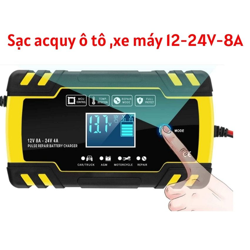 Máy sạc bình ắc quy 12V-24V/8A cảm ứng vân tay kèm khử sunfat phục hồi bình ắc quy thông minh tự ngắt khi đầy chống ngược cực màn hình LCD và quạt tản nhiệt sạc được cho cả bình khô bình ướt từ 4ah-150Ah.