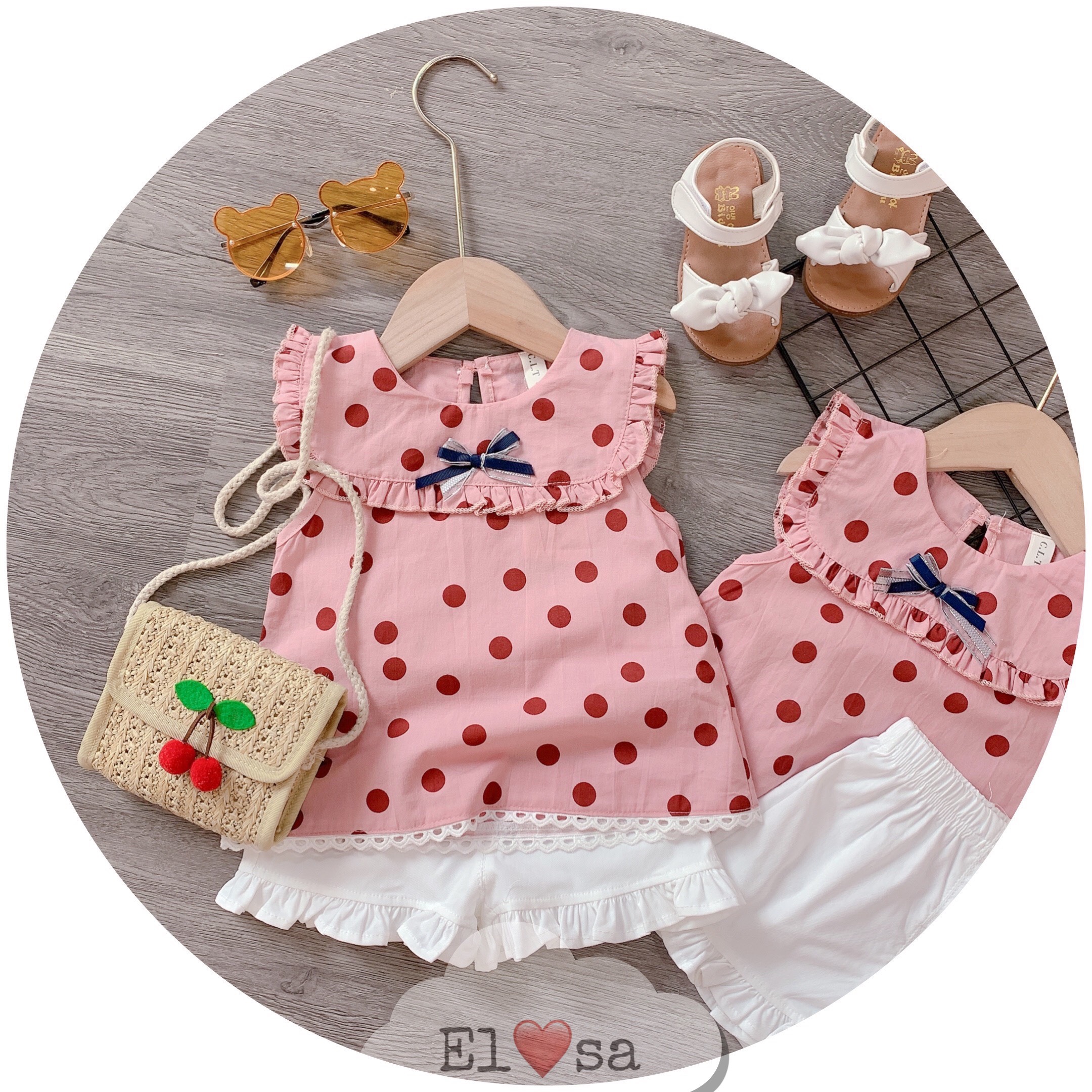 Bộ quần áo bé gái hình chấm bi siêu đáng yêu set bi hồng