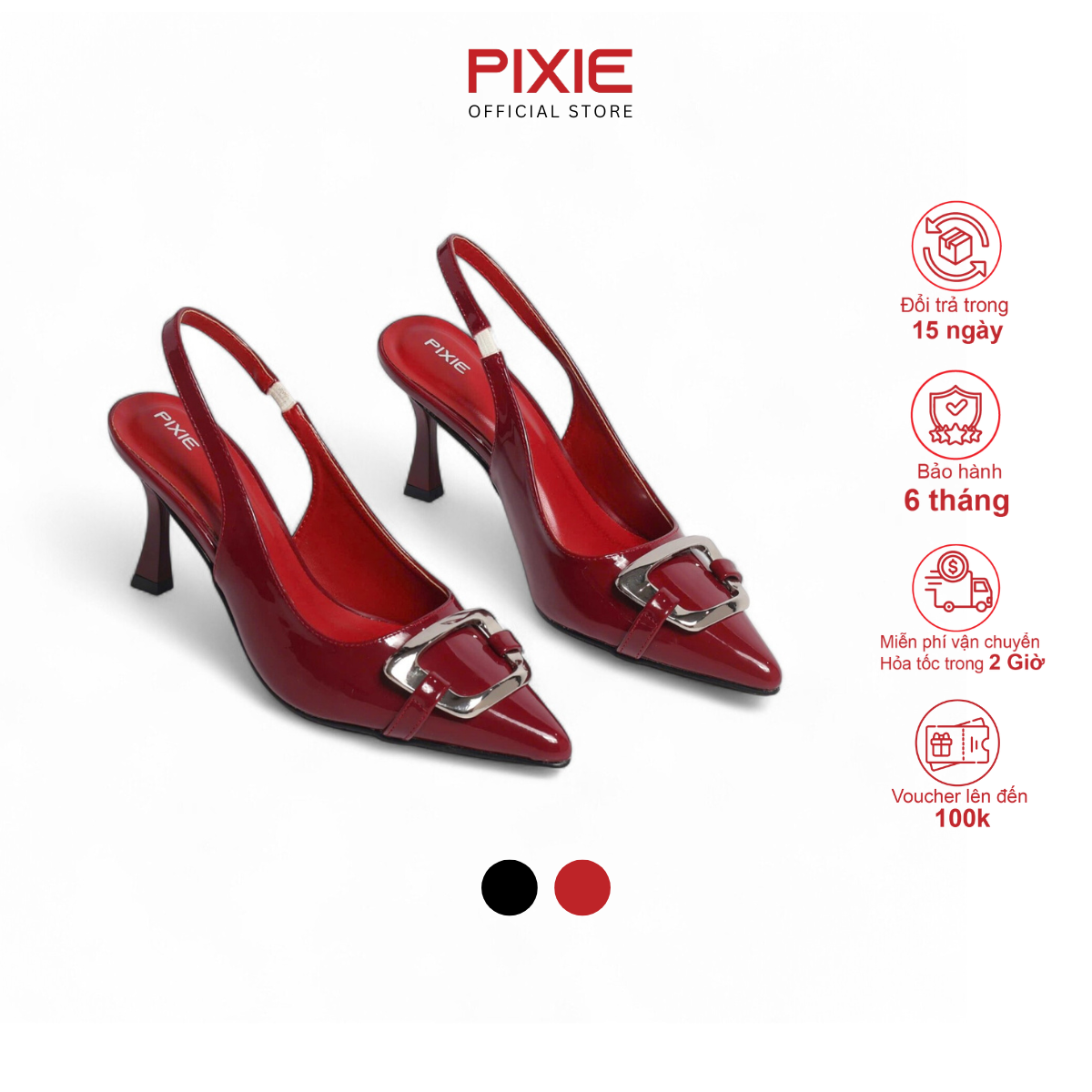  Giày Slingback Mũi Nhọn Gót 7cm Da Bóng Khoá Vuông Pixie H389 