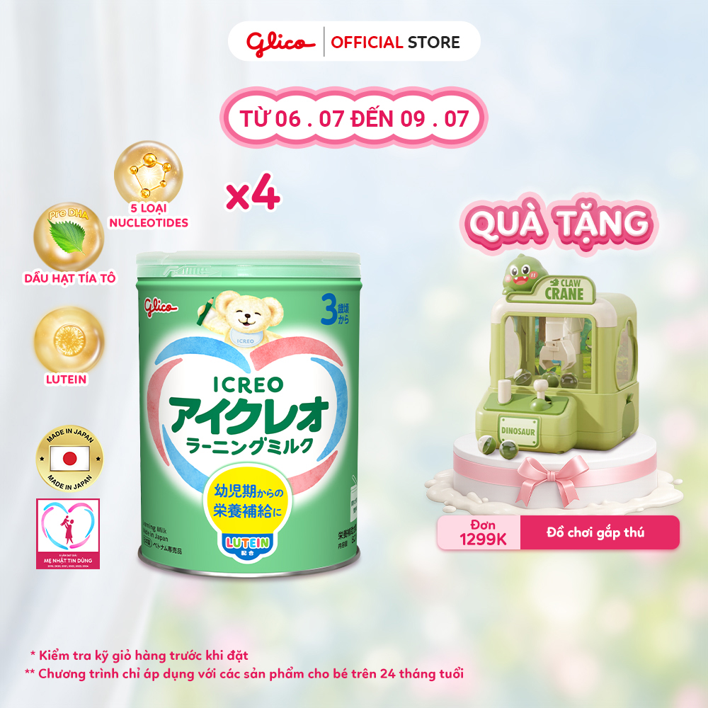 [QUÀ-VC-FREESHIP] Combo 4 Lon Thực Phẩm Bổ Sung Sữa Dinh Dưỡng GLICO ICREO LEARNING MILK  cho bé từ 3 tuổi trở lên (Số 3 - 4Lon x 820g/Lon)