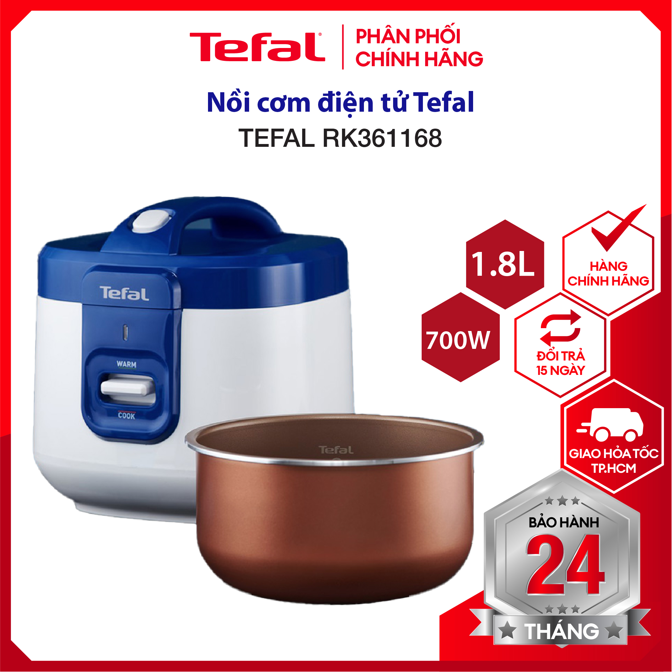 |hỏa tốc 2h| nồi cơm điện, nồi cơm điện tử tefal rk361168 , dung tích 1.5l- công suất 700w - hàng chính hãng, bảo hành 2 năm