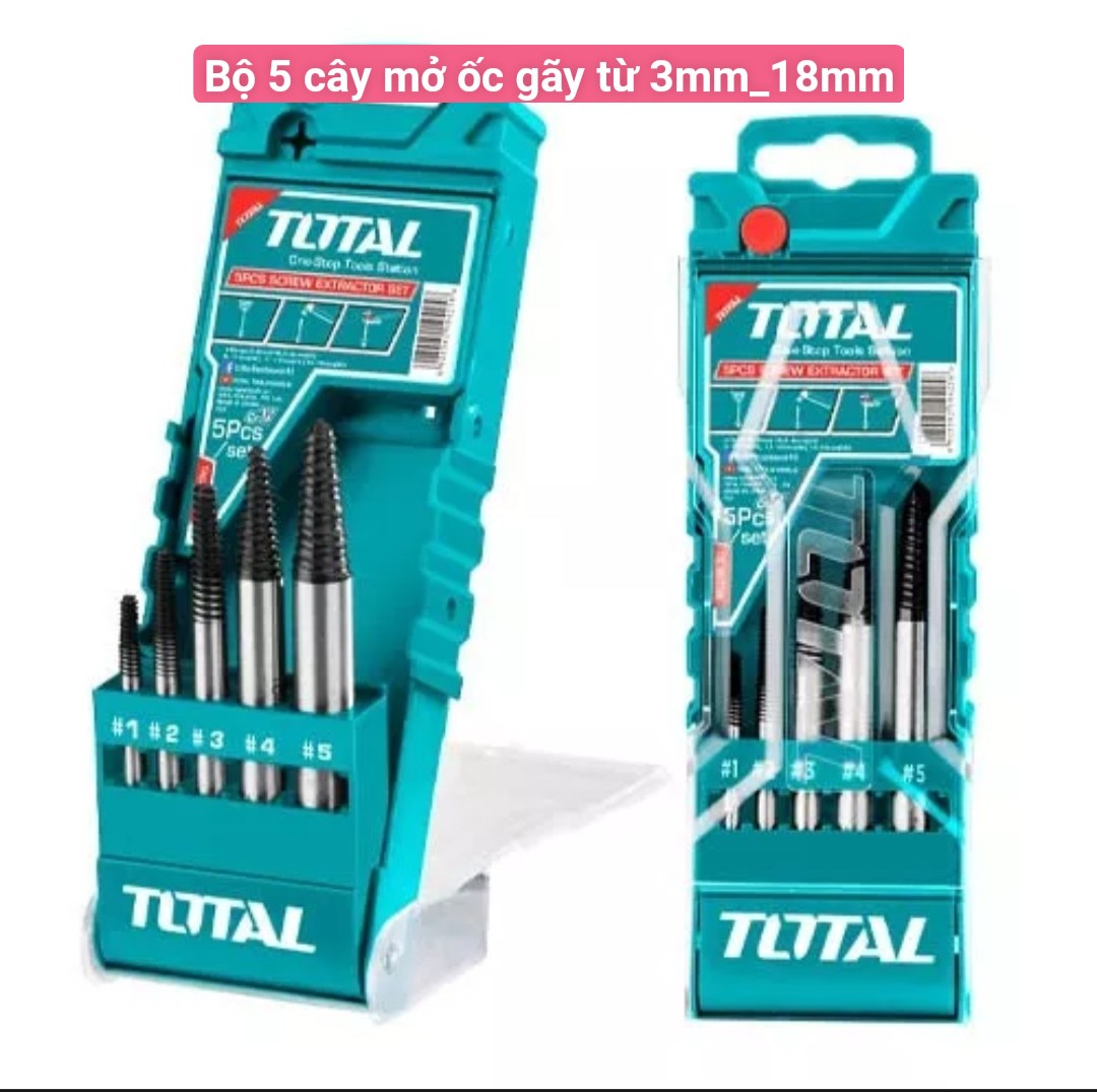 Bộ 05 cây mở ốc gãy/gẫy thương hiệu Total, mở ốc gãy từ 3mm đến 18mm, mũi lấy ốc gãy trong máy móc , chất liệu thép CV chắc chắn