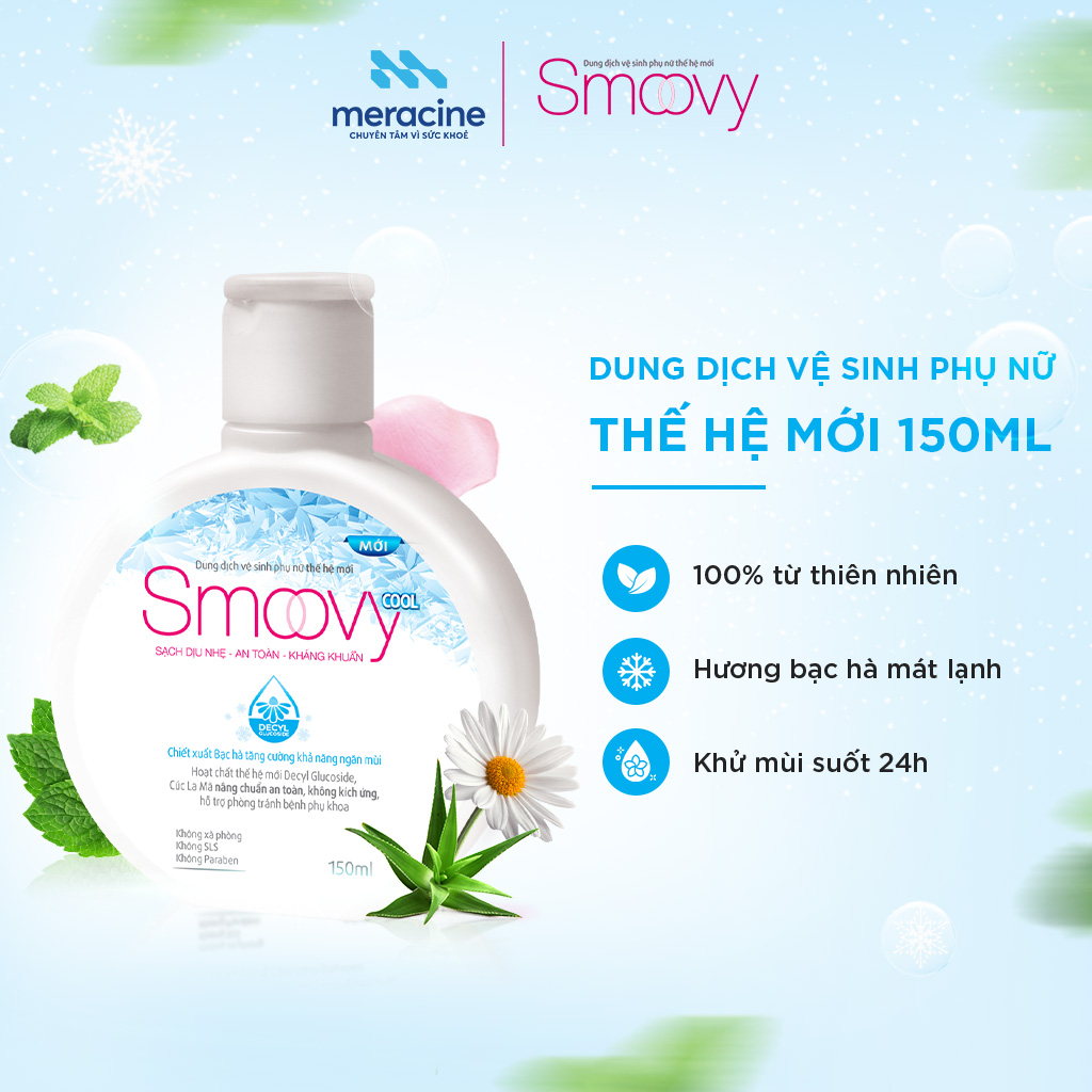 Dung dịch vệ sinh phụ nữ Smoovy Cool thế hệ mới khử mùi, chăm sóc dịu nhẹ cho ngày rụng dâu hương bạc hà dung tích 150ml