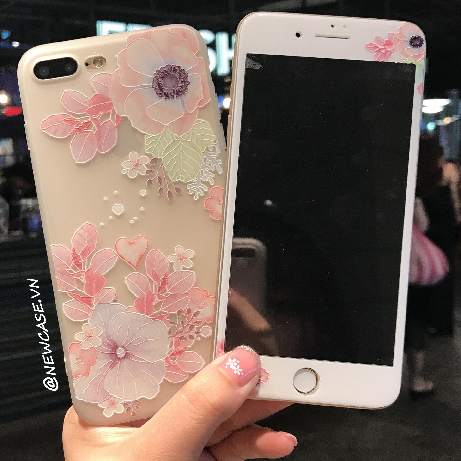 Combo ốp lưng dẻo kèm kính cường lực full màn hình đồng bộ họa tiết hoa 3D 4 - Iphone 6, 6plus, 7, 7plus, 8 , 8plus