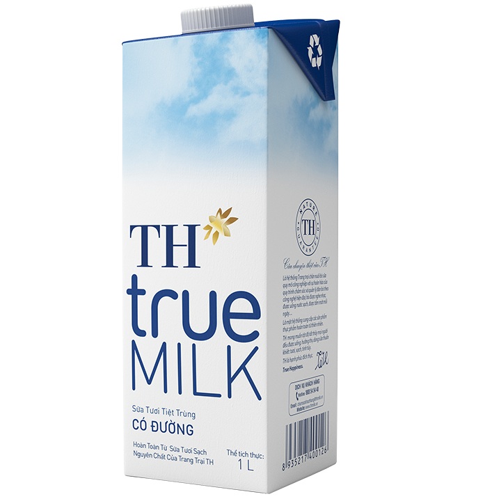 Thùng 12 hộp sữa tươi th true milk có đường 1l