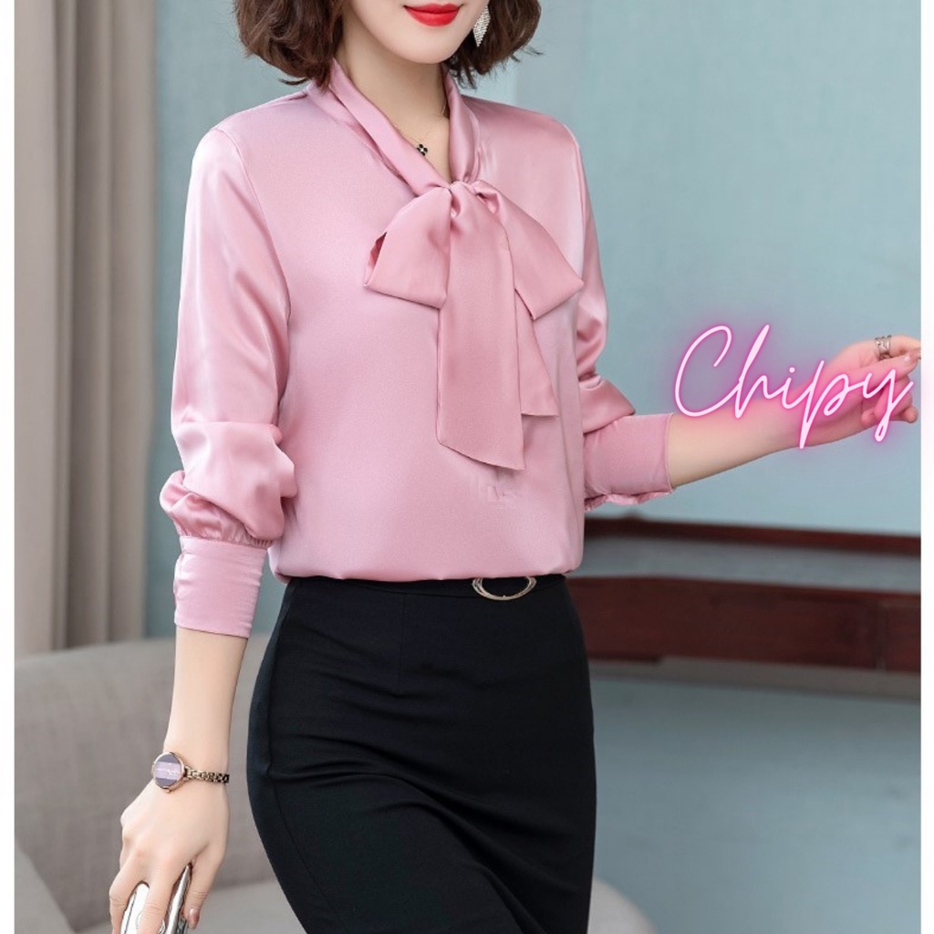 Áo Sơ Mi Kiểu Công Sở Đẹp CHIPY Tay Dài Cổ Thắt Nơ Màu Hồng Chất Lụa Cao Cấp From Rộng Hàn Quốc Ulzzang Vintage A1H