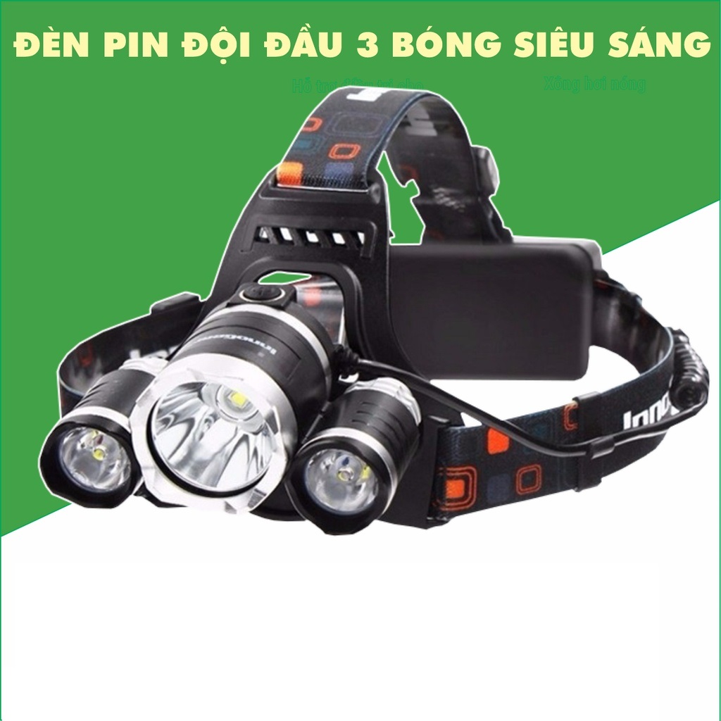 Đèn pin siêu sáng chiếu xa 1000m chính hãng đèn pin đội đầu 3 bóng led t6- siêu sáng, chiếu xa, pin trâu, kèm 2 pin, kèm sạc
