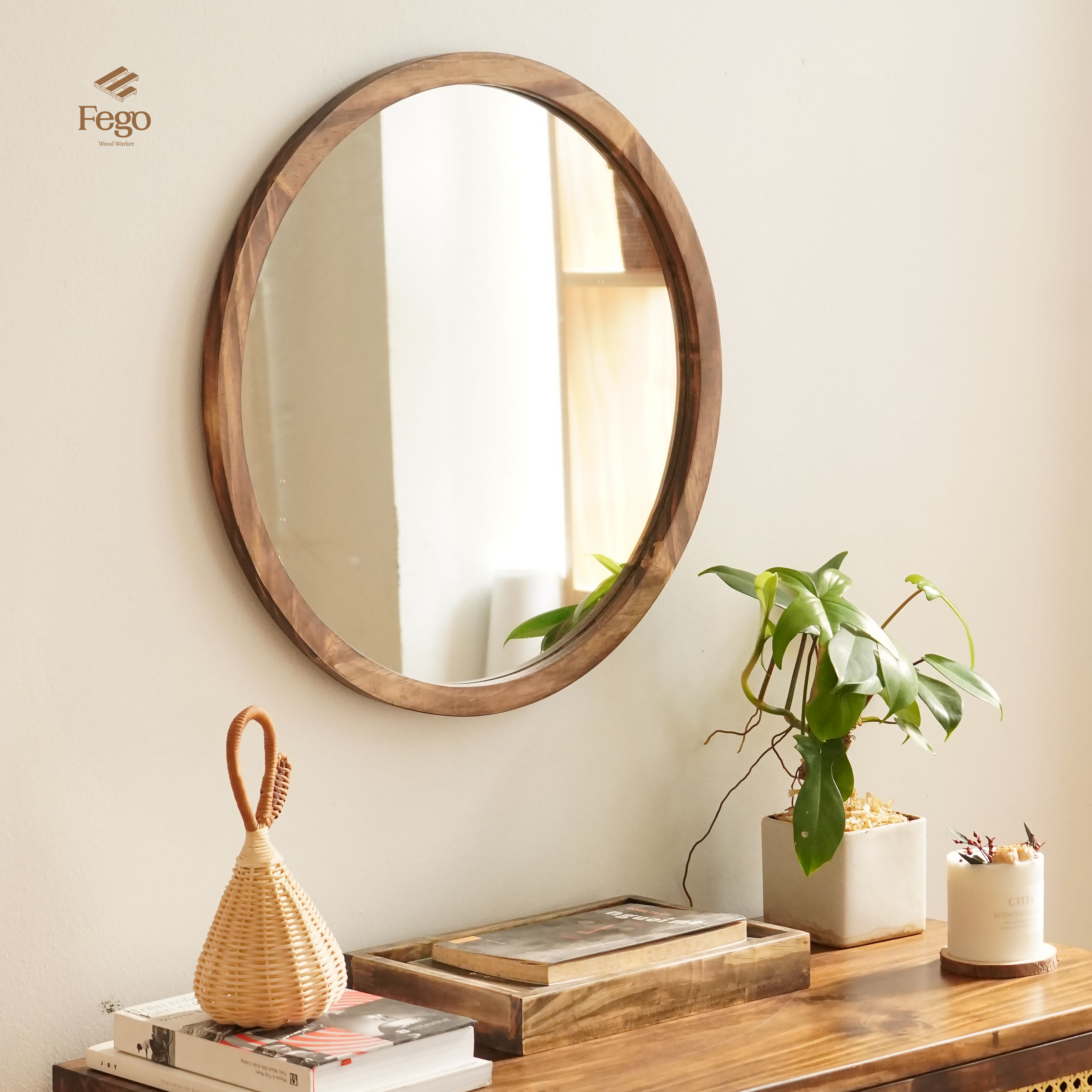 Gương tròn treo tường FEGO viền gỗ tự nhiên để decor phòng tắm và bàn trang điểm