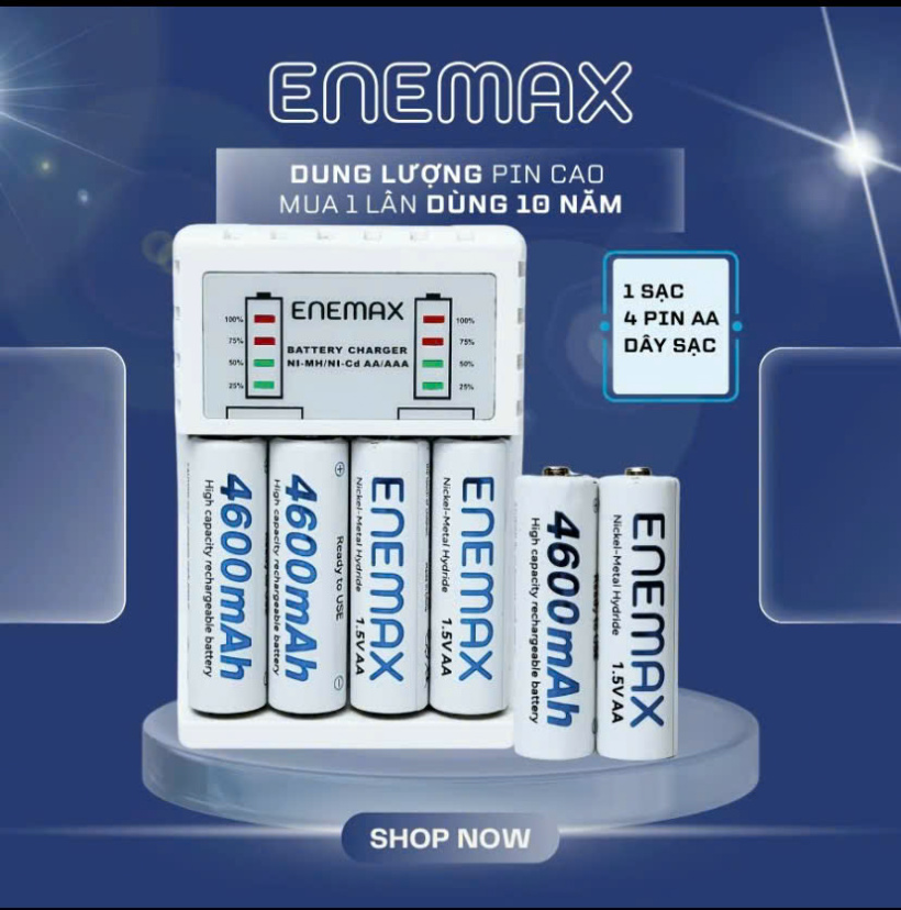 Bộ pin sạc :1 Sạc + 4 Pin AA 4600mAh Sạc Nhanh Enemax, Sạc pin tái sử dụng, An Toàn, Tiết Kiệm, Tự Ngắt, có báo % pin...