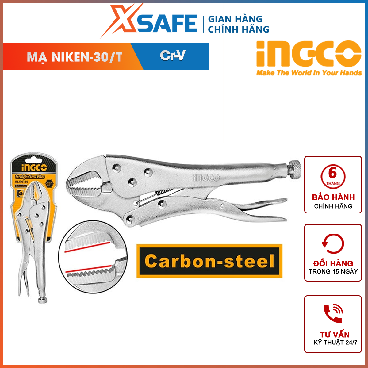 Kìm bấm hàm INGCO HSJP0110 | kiềm chết size 10inch dùng chất liệu thép Cr-V, mạ Niken 30/T, kìm được sử dụng để cắt, kẹp/giữ vật