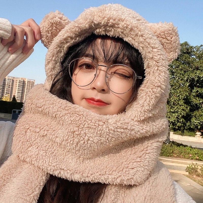 Mũ lông cừu tai gấu kèm khăn quàng cổ ấm áp ulzzang Hàn Quốc cho nữ mùa