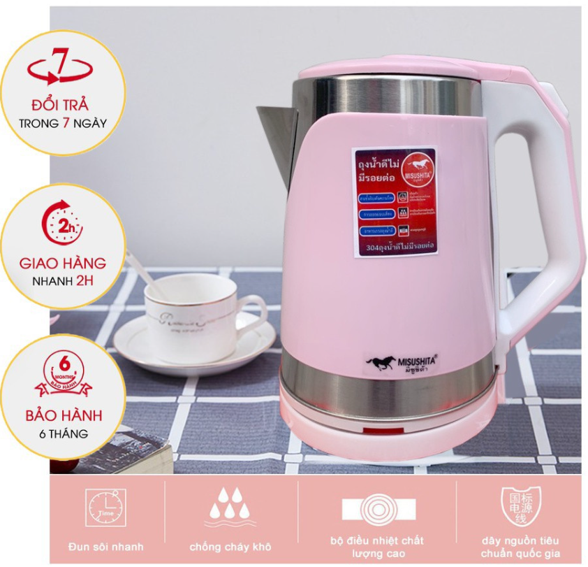 Ấm đun nước bằng điện,Bình đun nước nóng,Bình đun nước nóng giữ nhiệt,Công suất mạnh,thiết kế 2 lớp an toàn thông minh nước đun nhanh sôi tiết kiệm thời gian và năng lượng.Bảo Hành 12 Tháng.