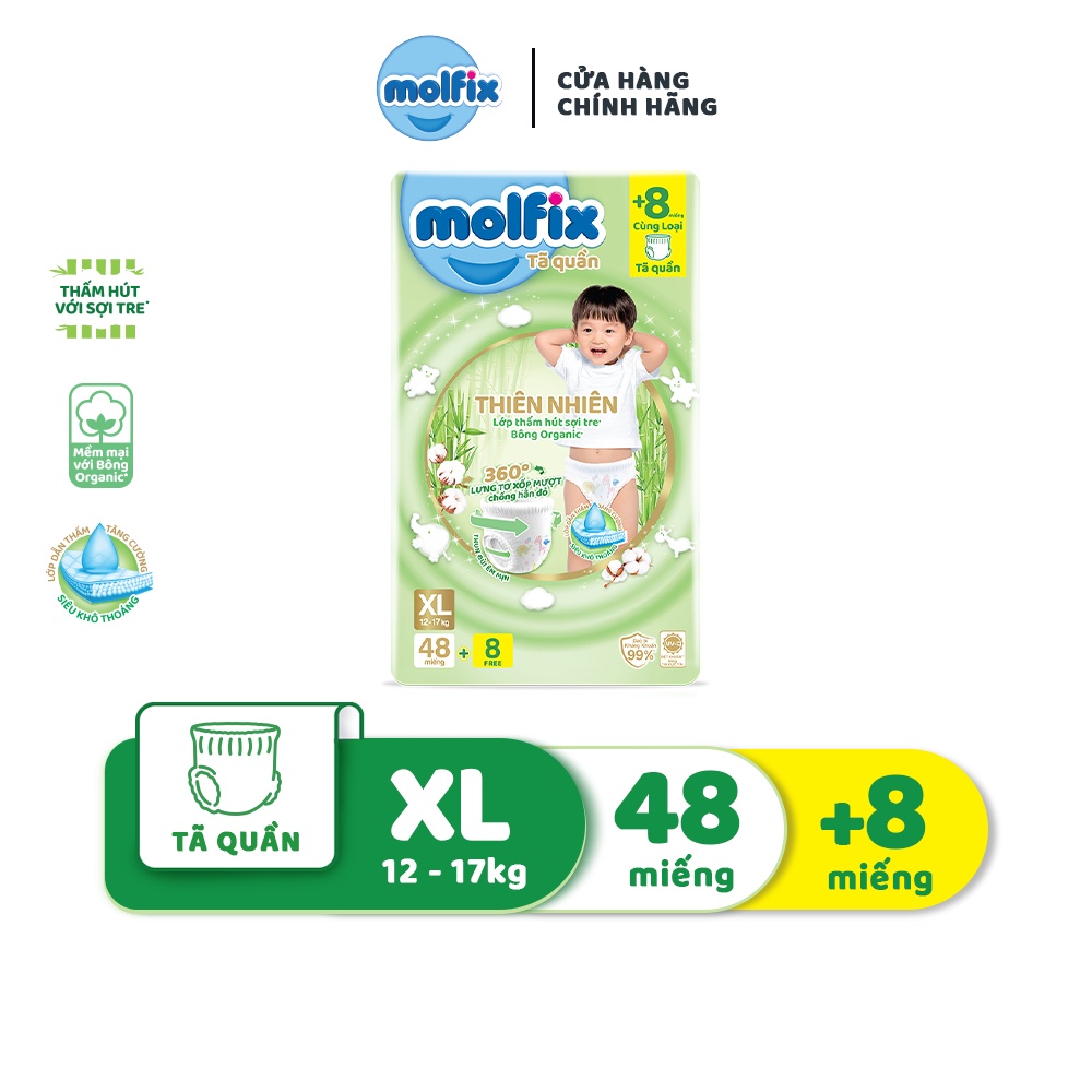 Tã/bỉm quần molfix thiên nhiên kháng khuẩn chóng hâm M62 +8 / L54 +8 / XL48 +8 / XXL44 +8 / XXXL24+6