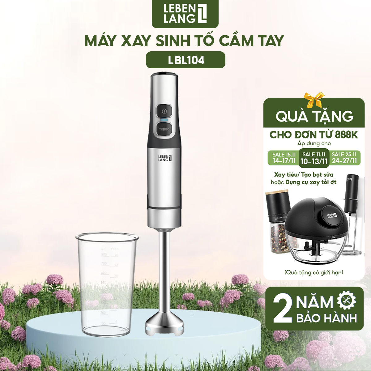 Máy xay sinh tố cầm tay đa năng Lebenlang LBL104, 1200W, 800ml, lưỡi dao inox 4 cánh - bảo hành 2 năm 1 đổi 1