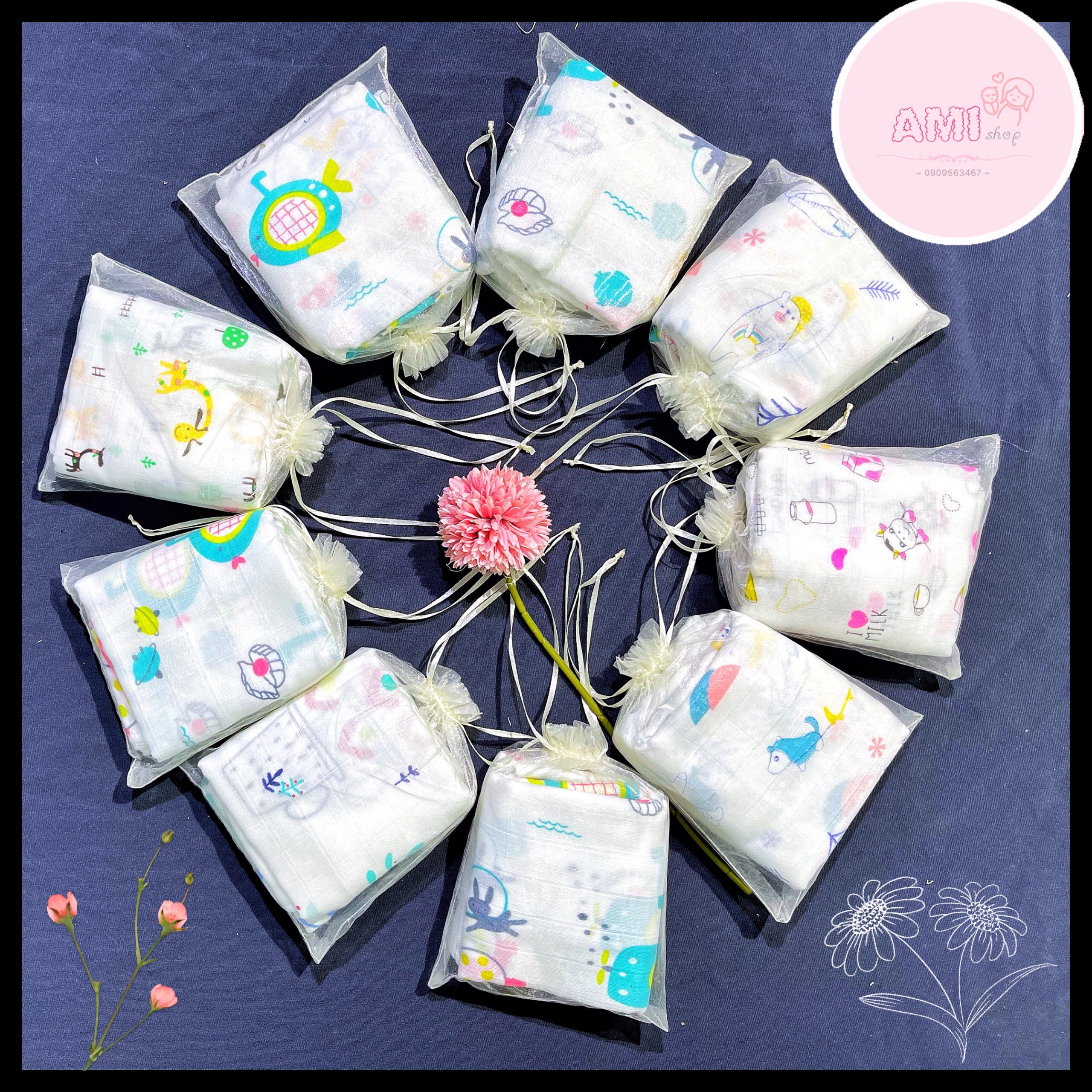 Set 10 chiếc khăn sữa sợi tre Aden nhiều hoạ tiết kèm túi lưới