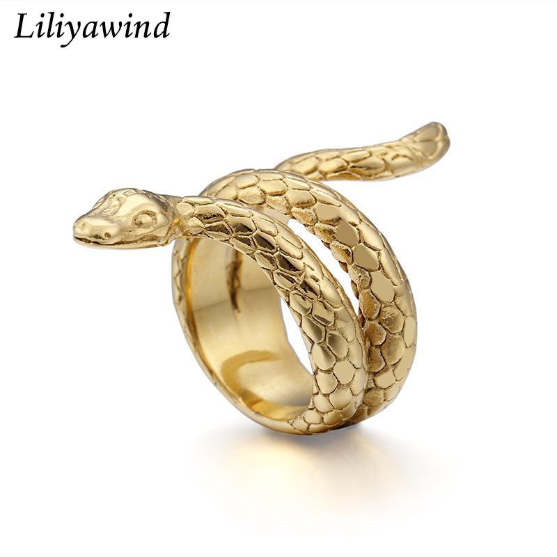 Liliya Nhẫn Nam Punk Bằng Thép Titan Màu Vàng Và Bạc Hình Rắn Độc Đáo
