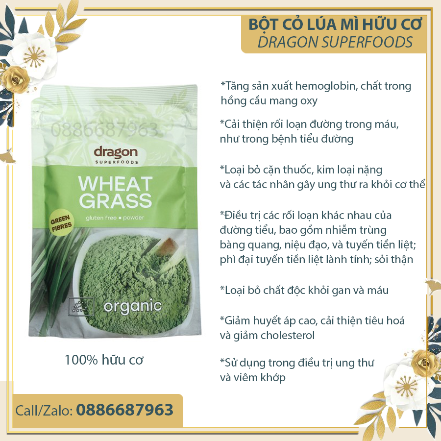 Bột cỏ lúa mì hữu cơ dragon superfoods 150g