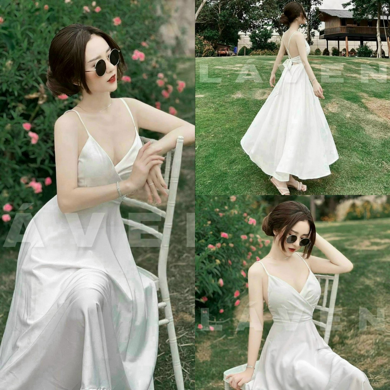 Váy đầm maxi hai dây chéo cột nơ lưng thích hợp đi chơi dạo biển