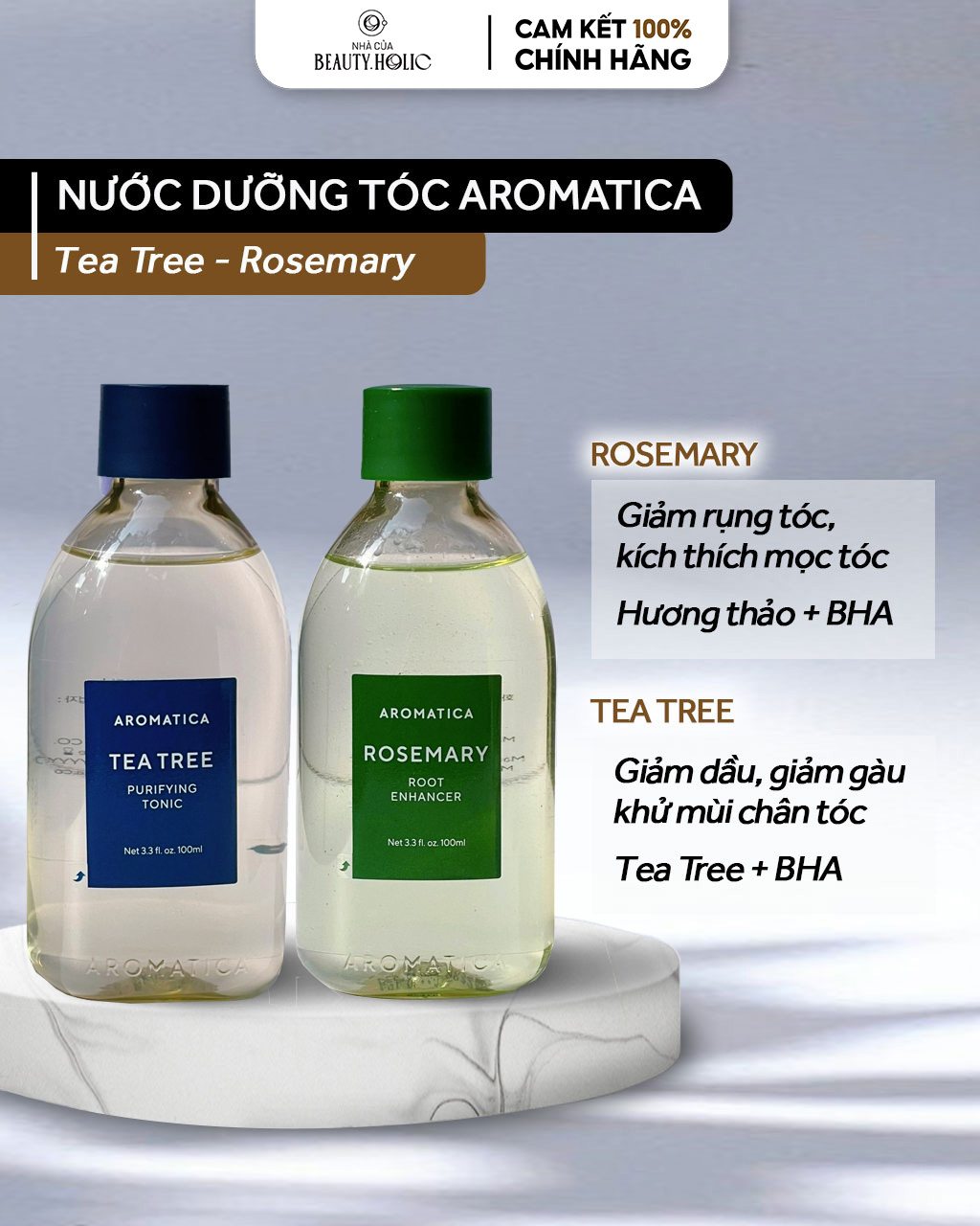 [Nhacuabeautyholic] Nước xịt dưỡng giảm rụng, giảm gàu AROMATICA ROSEMARY - TEA TREE