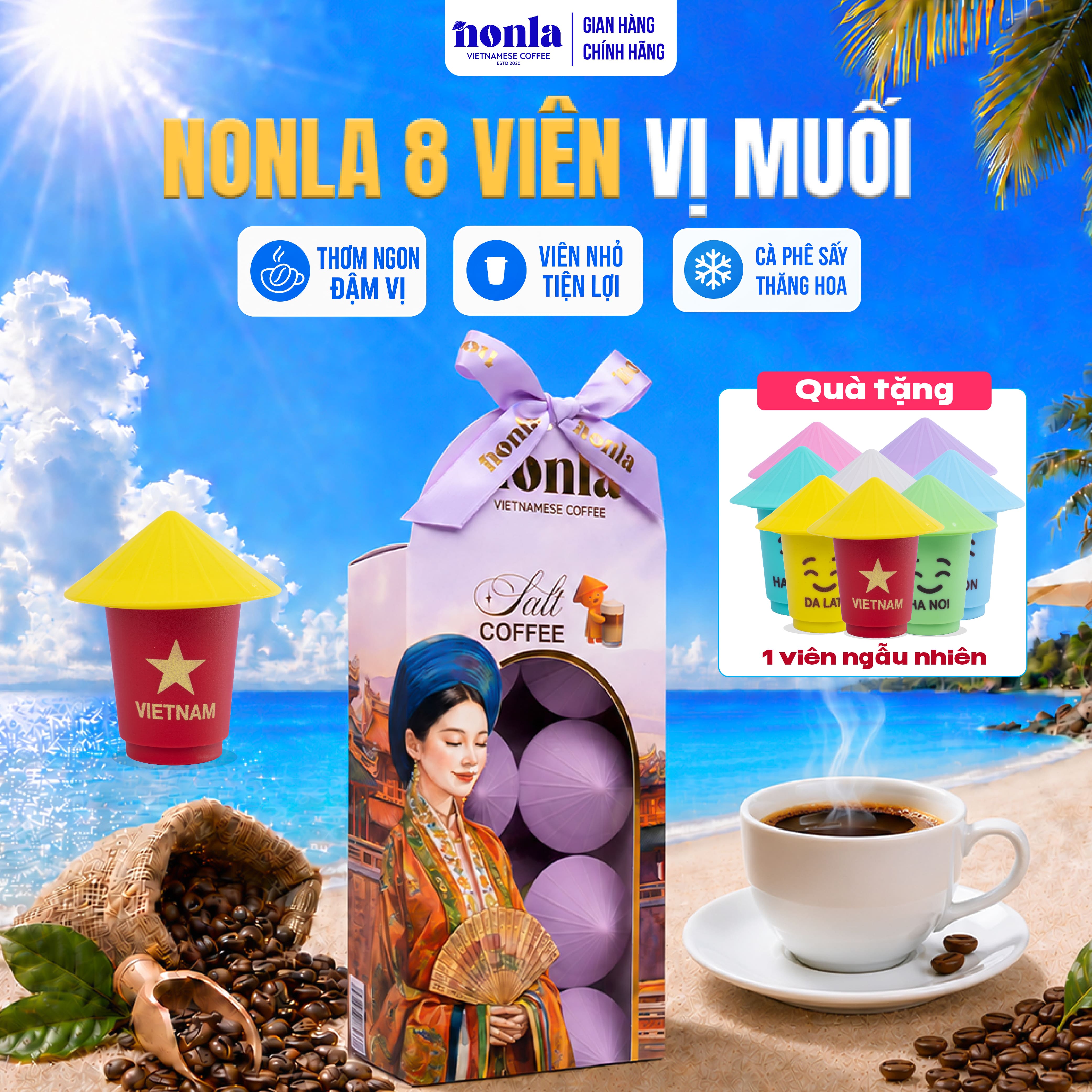 Hộp Cà Phê Hòa Tan Vị Muối Sấy Thăng Hoa NONLA COFFEE Không Đường Tan Trong Nước Lạnh 8 Viên