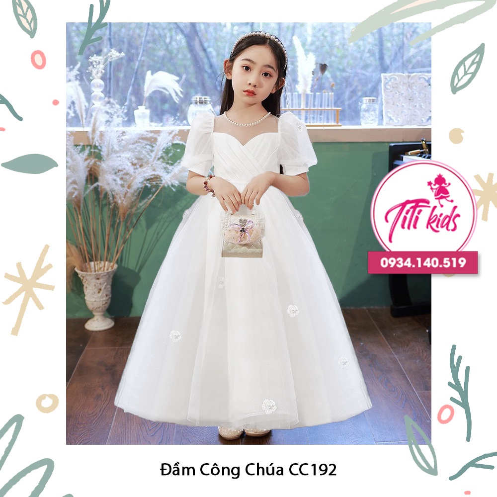 Đầm Váy g Chúa Cho Bé Gái Trắng Hoa Rơi Dài CC192