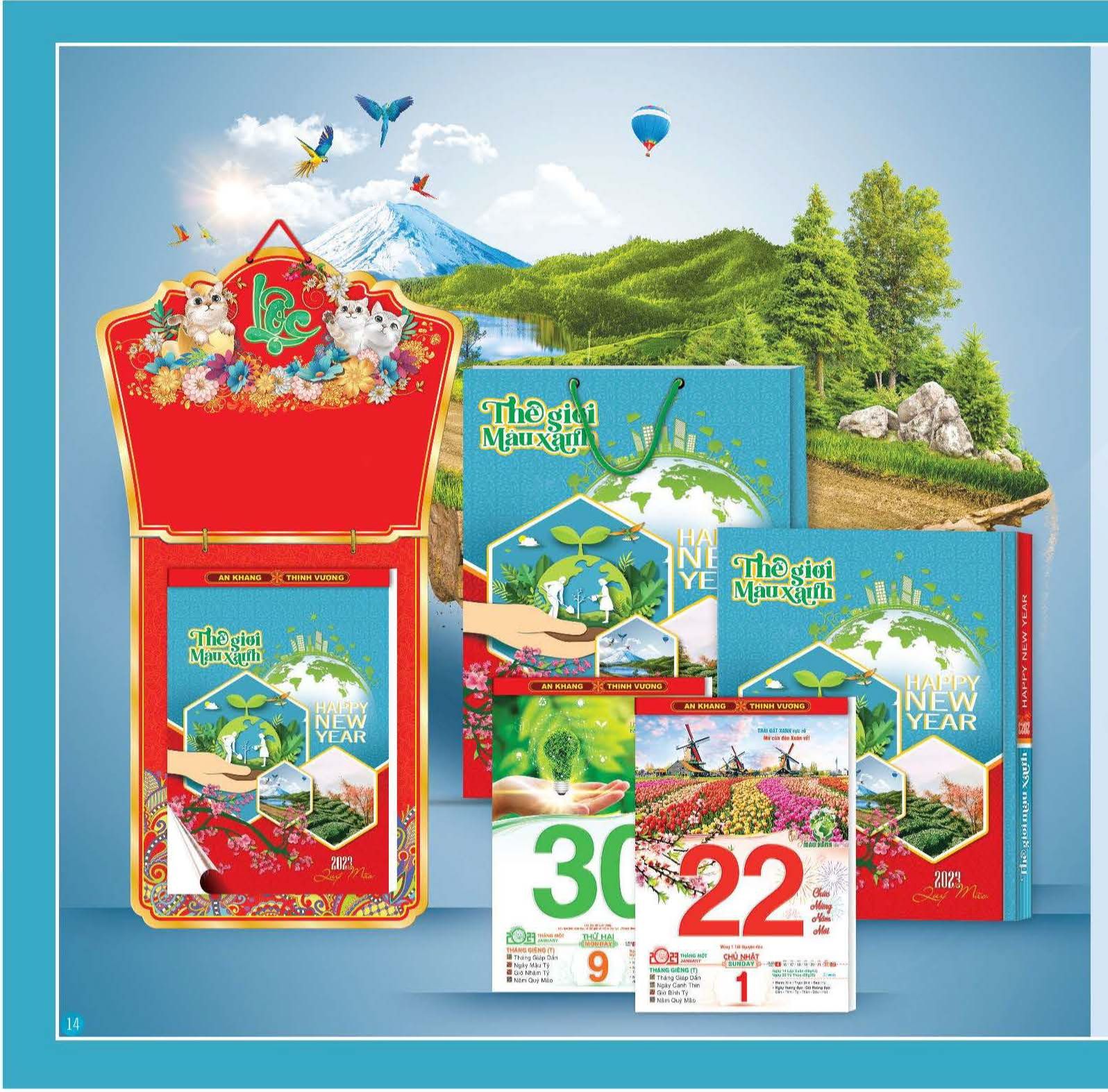Lịch tết 2023 - bloc lịch 2023 siêu đại 25x35 - thế giới màu xanh - lịch 2023