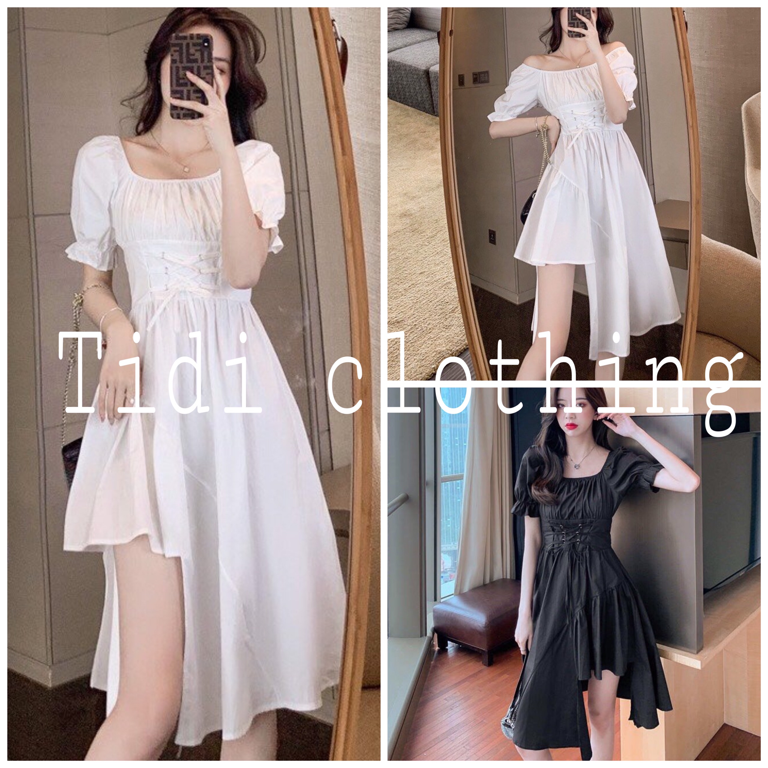 Đầm trễ vai lệch tầng dáng suông tay ngắn trắng đen 22 tidiclothing
