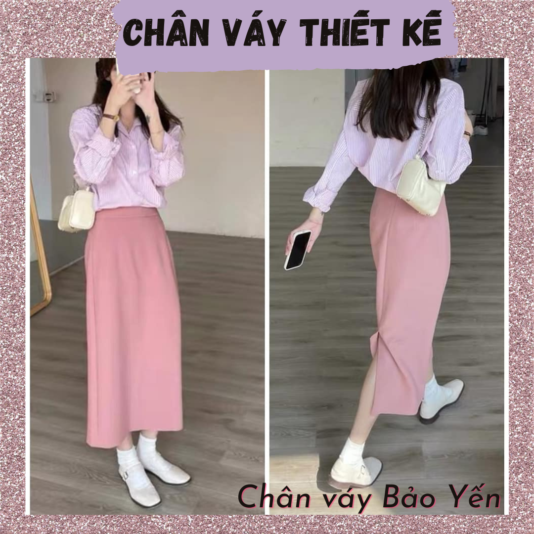 Chân váy midi A màu hồng cạp khóa xẻ sau
