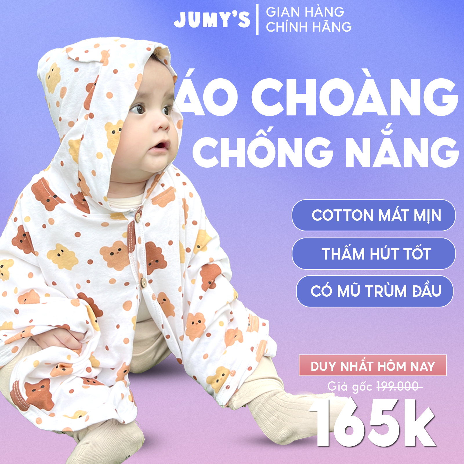 Áo choàng chống nắng cho trẻ em JUMYS, áo cánh dơi bé gái chất cotton thấm hút mồ hôi