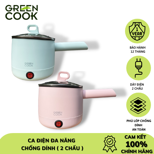 [ Hàng chính hãng ] Ca điện đa năng chống dính Green Cook GCEK-05D02 600W 0.5L tiện lợi nấu mì, lẩu mini, đun nước, nấu cơm
