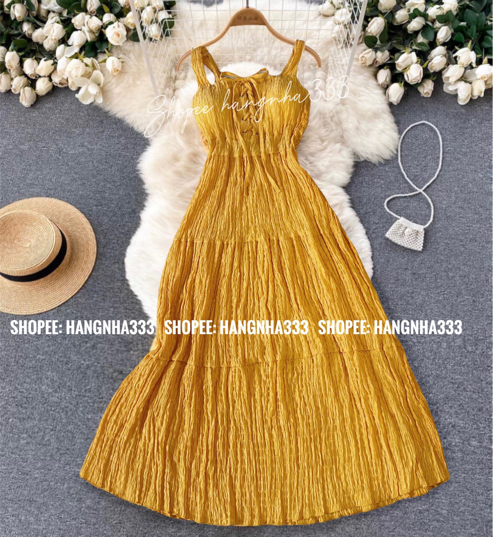 CÓ MÚT NGỰC | Đầm xốp maxi 2 dây bản to bấm khoen ore cột dây smocking chun lưng nàng thơ cao cấp