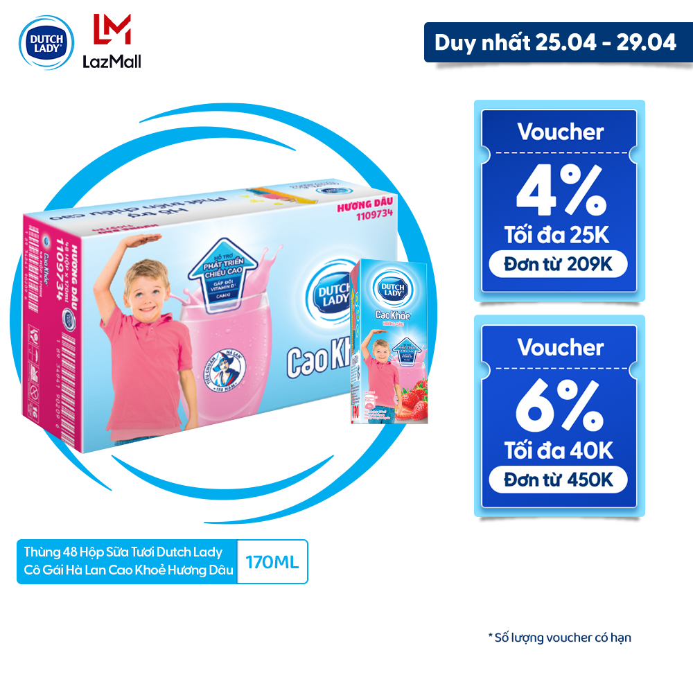 [25 - 29/4 VOUCHER ĐẾN 1 TRIỆU] Thùng 48 Hộp Sữa Dutch Lady Cô Gái Hà Lan Cao Khỏe Hương Dâu 170ml (48x170ml)